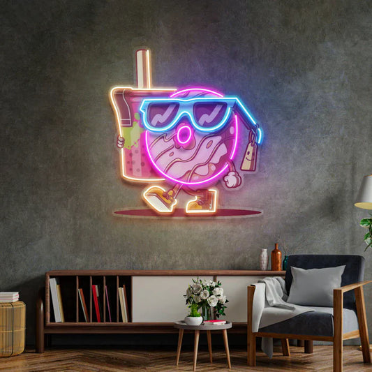 Cool Donut Neon Art Holding a Teacup LED Neon Sign Light Neon